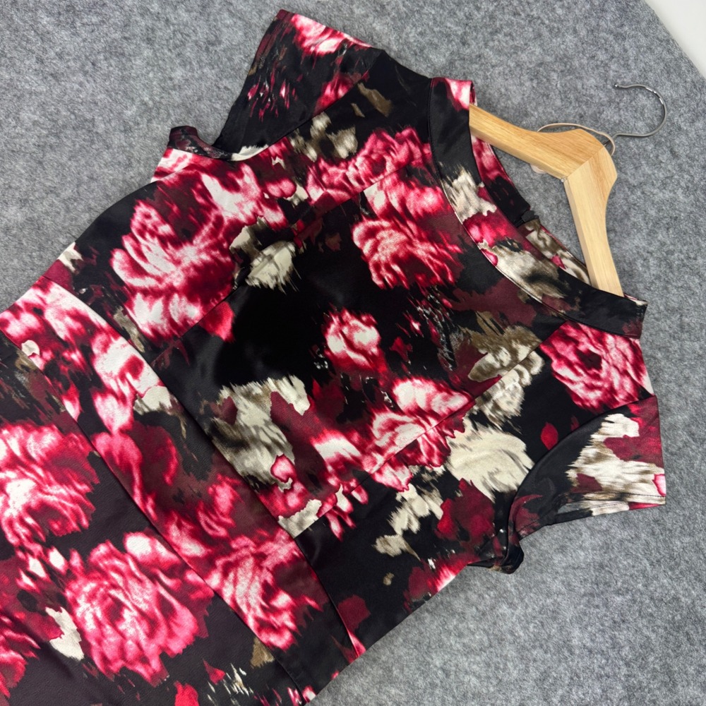Shabby Apple Womens Size 10 Floral Satin Sheath Dress Black Red Cap Sleeve Retro